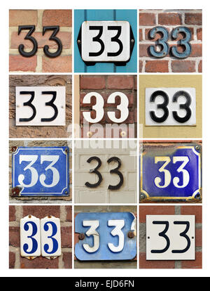 Numbers 33 - Collage of House Numbers Thirty-three Stock Photo