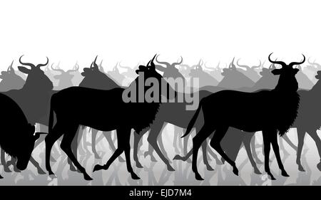 EPS8 editable vector cutout illustration of a herd of adult wildebeest Stock Vector