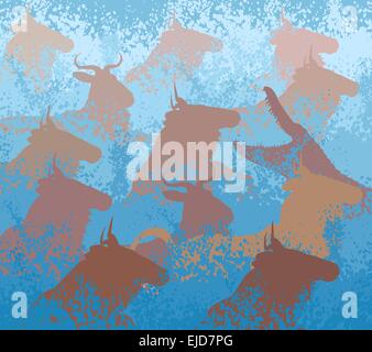 EPS8 editable vector cutout illustration of wildebeest on migration crossing a large river with a crocodile Stock Vector
