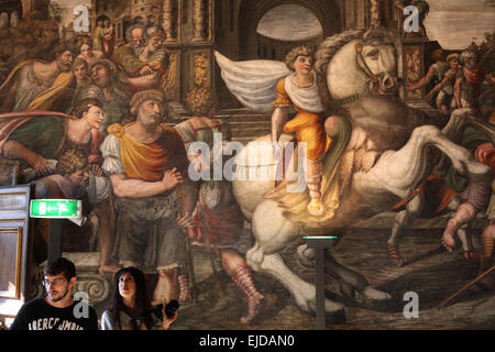 Alexander the Great tames Bucephalus. Fresco by unknown artist at the Alexander Room in the Villa Farnesina in Rome, Italy. Stock Photo