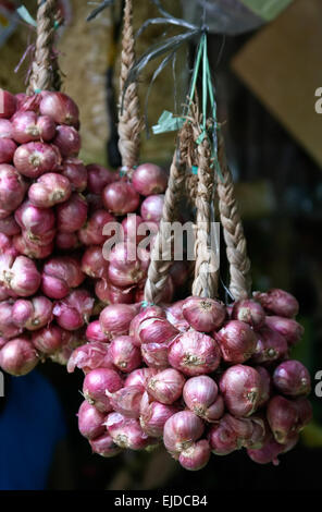 Shallots hung up on display for sale in a wet market Stock Photo