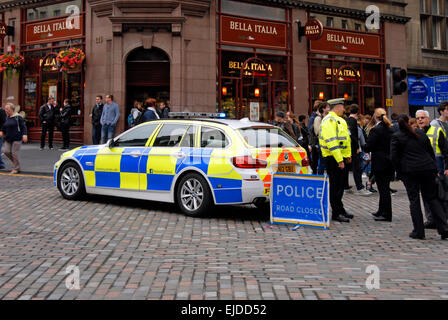 Police car with 'Road Closed' sign, Edinburgh Stock Photo