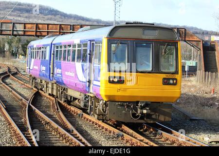 Pacer diesel multiple unit train on a passenger service approaching Carnforth station with a service to Lancaster from Carlisle. Stock Photo