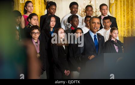 US President Barack Obama delivers remarks in the East Room of the White House during the fifth White House Science Fair March 23, 2015 in Washington, DC. The Fair showcased the science, technology, engineering, and math achievements of over 100 students from across the country. Stock Photo