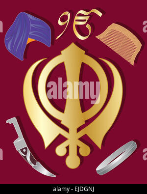 an illustration of the holy symbol of Sikhism in gold  with articles of Sikh culture on a maroon background Stock Photo