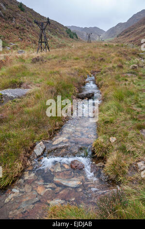 Cwm Bychan near Beddgelert in Snowdonia. Pylons that once carried ore from the Copper mines. Stock Photo