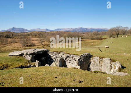 Capel Garmon Neolithic burial chamber from 2500 - 1900 B.C. with Snowdonia mountains in distance. Capel Garmon, Conwy, Wales, UK Stock Photo