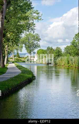 The Voie Verte, a bike and pedestrian path, runs under a line of linden trees by the Canal du Centre, France. Stock Photo