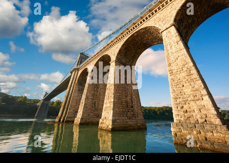 Menai Suspension Bridge, completed in 1826  crossing the menai straits between the island of Anglesey and the mainland of Wales Stock Photo