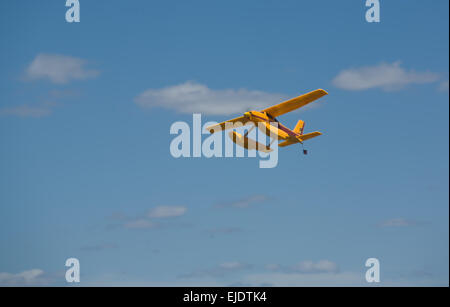 Radio controlled Hydroplane flying over the Guadiana river, Badajoz, Spain Stock Photo