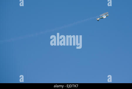 Radio controlled Hydroplane flying over the Guadiana river, Badajoz, Spain Stock Photo