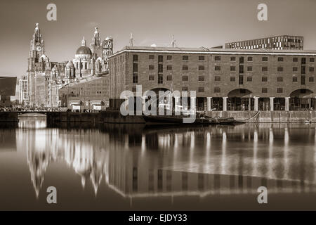 Reflections of the Albert Dock & Pier Head. Stock Photo