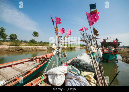Fishing activities in Cambodia, Asia. Port for the boats. Stock Photo
