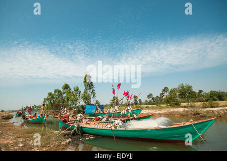 Fishing activities in Cambodia, Asia. Port for the boats. Stock Photo