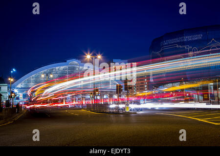 Traffic trails in front of Lime Street station. Stock Photo