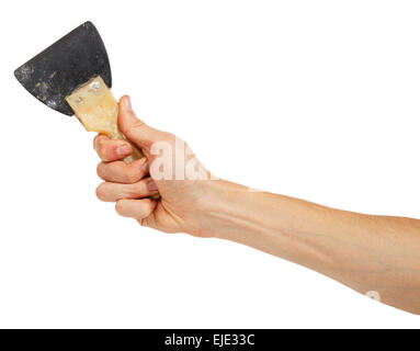 Old rubber trowel in male hand isolated on white background Stock Photo