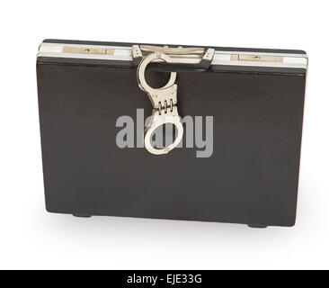 Handcuffs chained to the black case isolated on white background Stock Photo