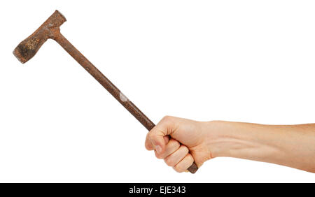 Old metal pickaxe in male hand isolated on white background Stock Photo