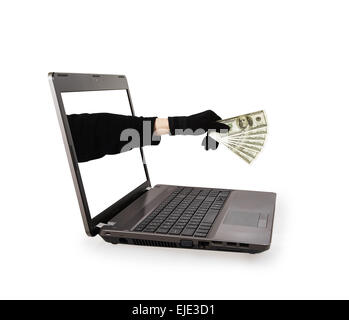 Thief hand with money from a laptop screen isolated on white background Stock Photo