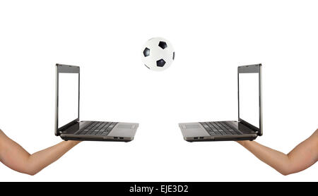 Two notebooks playing soccer isolated on white background Stock Photo