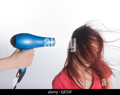 Hand with Blow Dyer Drying Long Hair of a Woman Stock Photo