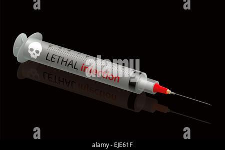 Lethal injection syringe with skull, illustration on black background. Stock Photo
