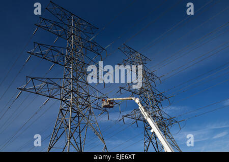 Hydro linemen on large cherry picker working on a double circuit high tension power line steel towers Toronto with blue sky Stock Photo