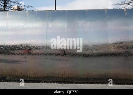 Cutting Edge water feature, reflective surface of water cascade outside Sheffield railway station UK Stock Photo