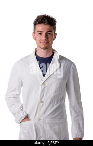 Handsome young male doctor, nurse or pharmacy worker looking confident at camera, isolated on white Stock Photo