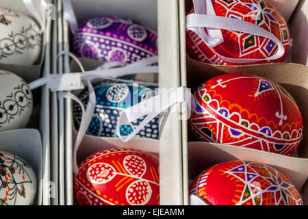 Original painted eggs Easter in a box, Prague Czech Republic, Europe Stock Photo