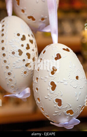 White Easter eggs carved heart decor Prague Czech Republic, Europe Stock Photo