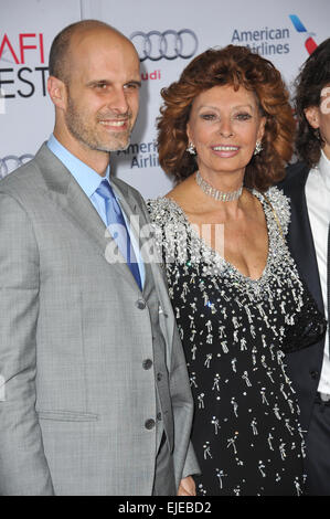 LOS ANGELES, CA - NOVEMBER 12, 2014: Sophia Loren & son Edoardo Ponti at the American Film Institute's special tribute gala in her honor as part of the AFI FEST 2014 at the Dolby Theatre, Hollywood. Stock Photo