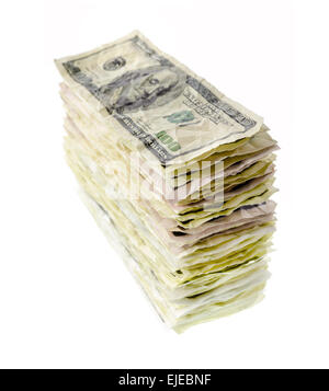 Money and finance: stack of old and crumpled one-hundred dollar bills, isolated on white background. Not a real banknotes. Stock Photo