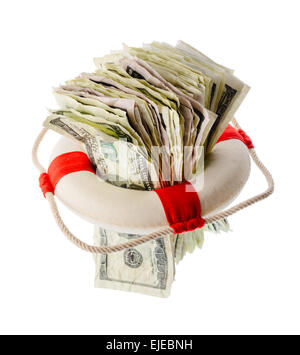 Money and finance: saving dollars, pack of one-hundred dollar bills inside a lifebuoy. Isolated on white background. Not a real Stock Photo