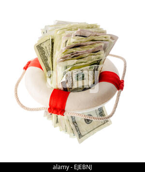 Money and finance: saving dollars, pack of one-hundred dollar bills inside a lifebuoy. Isolated on white background. Not a real Stock Photo