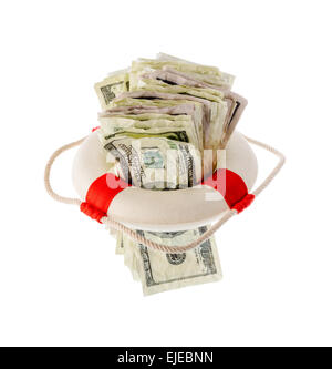 Money and finance: saving dollars, pack of one-hundred dollar bills inside a lifebuoy. Isolated on white background. Not a real Stock Photo