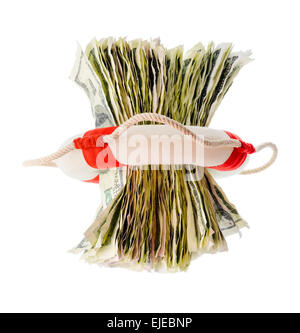 Money and finance: saving dollars, pack of one-hundred dollar bills inside a lifebuoy. Isolated on white background. Not a real Stock Photo