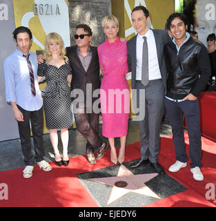 LOS ANGELES, CA - OCTOBER 29, 2014: Actress Kaley Cuoco with her co-stars from The Big Bang Theory - Johnny Galecki, Jim Parsons, Simon Helberg, Kunal Nayyar & Melissa Rauch - on Hollywood Boulevard where she was honored with the 2,532nd star on the Hollywood Walk of Fame. Stock Photo