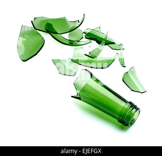 close up of  a broken green bottle on white background with clipping path Stock Photo