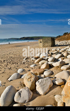 Praa Sands; Cliff Erosion; Former Pill Box Cornwall; UK Stock Photo
