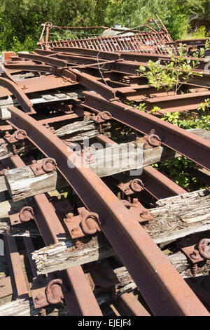 Scrap metal narrow gauge railway track at Astley Green Colliery Museum,  as used on the colliery's internal railway. Stock Photo