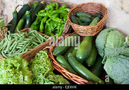 Fresh green Vegetables In Wicker Baskets, La Alcarria, Spain Stock Photo