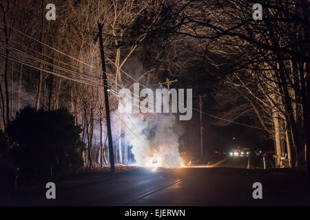 Electrical Transformer Fire At Night Stock Photo