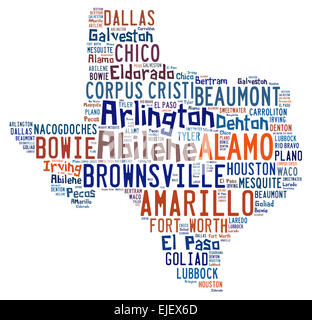 Word cloud shaped like Texas with the names of cities found in Texas Stock Photo