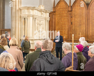 Fotheringhay, Northamptonshire, UK. 25th Mar, 2015. A commemorative service arranged by the Richard III Society takes place in the Church of St Mary and All Saints at Fotheringhay, the birthplace of Richard III, on Wednesday 25 march 2015, ahead of the reinterment of Richard's bones at Leicester on 26 march 2015. Mark represented the Society and gave a short speech before he layed a wreath at the stone tomb of Richard's father (on the left of the photo). Credit:  miscellany/Alamy Live News Stock Photo