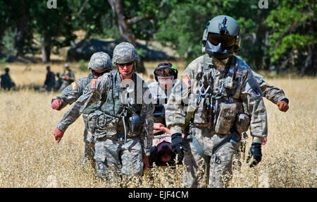 U.S. Army medical personnel carry a simulated patient to a UH-60 Black Hawk helicopter during an  aeromedical evacuation training exercise at Fort Hunter Liggett, Calif., June 19, 2012, in support of GLOBAL MEDIC 2012 and Warrior 91 12-01. GLOBAL MEDIC is a joint field training exercise for theater aeromedical evacuation systems and ground medical components designed to replicate all aspects of combat medical service support. Staff Sgt. Ashley Moreno Stock Photo