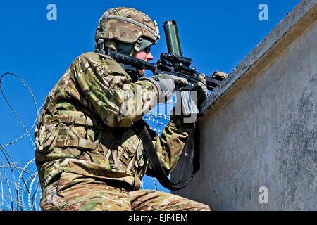 U.S. Army Soldier with 1st Squadron, 91st Calvary Regiment, 173rd Airborne Brigade Combat Team provides security Jan. 5, 2013 in Logar province, Afghanistan.  Spc. Alexandra Campo. Stock Photo