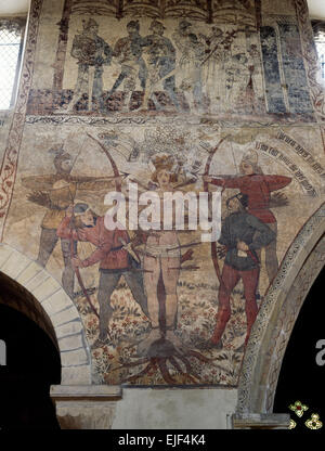 Medieval (1450-60) frescoes in Pickering church, North Yorkshire, depicting martyrdoms of East Anglian king St Edmund, and St Thomas of Canterbury. Stock Photo