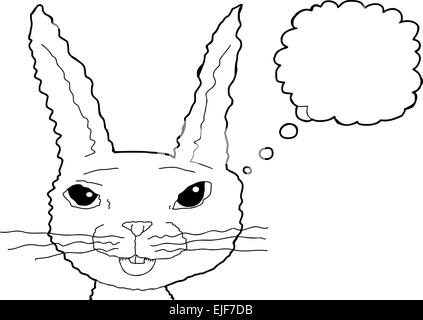 Outlined smiling fuzzy cartoon rabbit with thought bubble Stock Photo