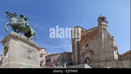 Equestrian statue of Francisco Pizarro in Plaza Mayor of Trujillo, Spain Stock Photo